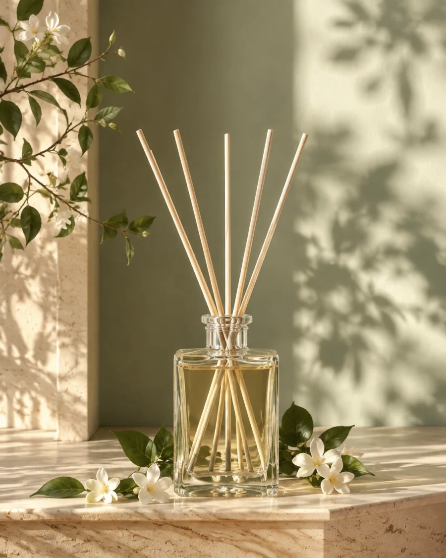 Difusor de ambiente em vidro com flores brancas